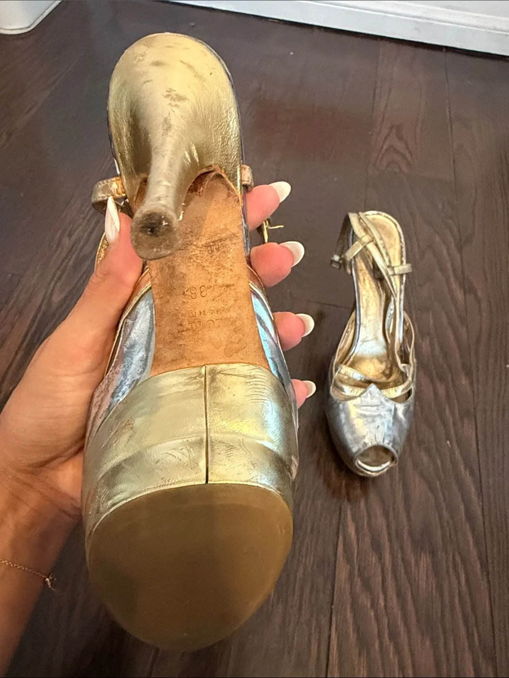 Miu Miu Metallic Peep-Toe Slingback Heels in Gold and Silver